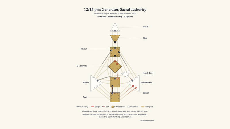 A bodygraph for a fictional birth moment, 15 May 1994 at 12:15 pm in Chicago: a Generator with Sacral authority and a 1/3 profile, with channel 42-53 and the Sacral center highlighted