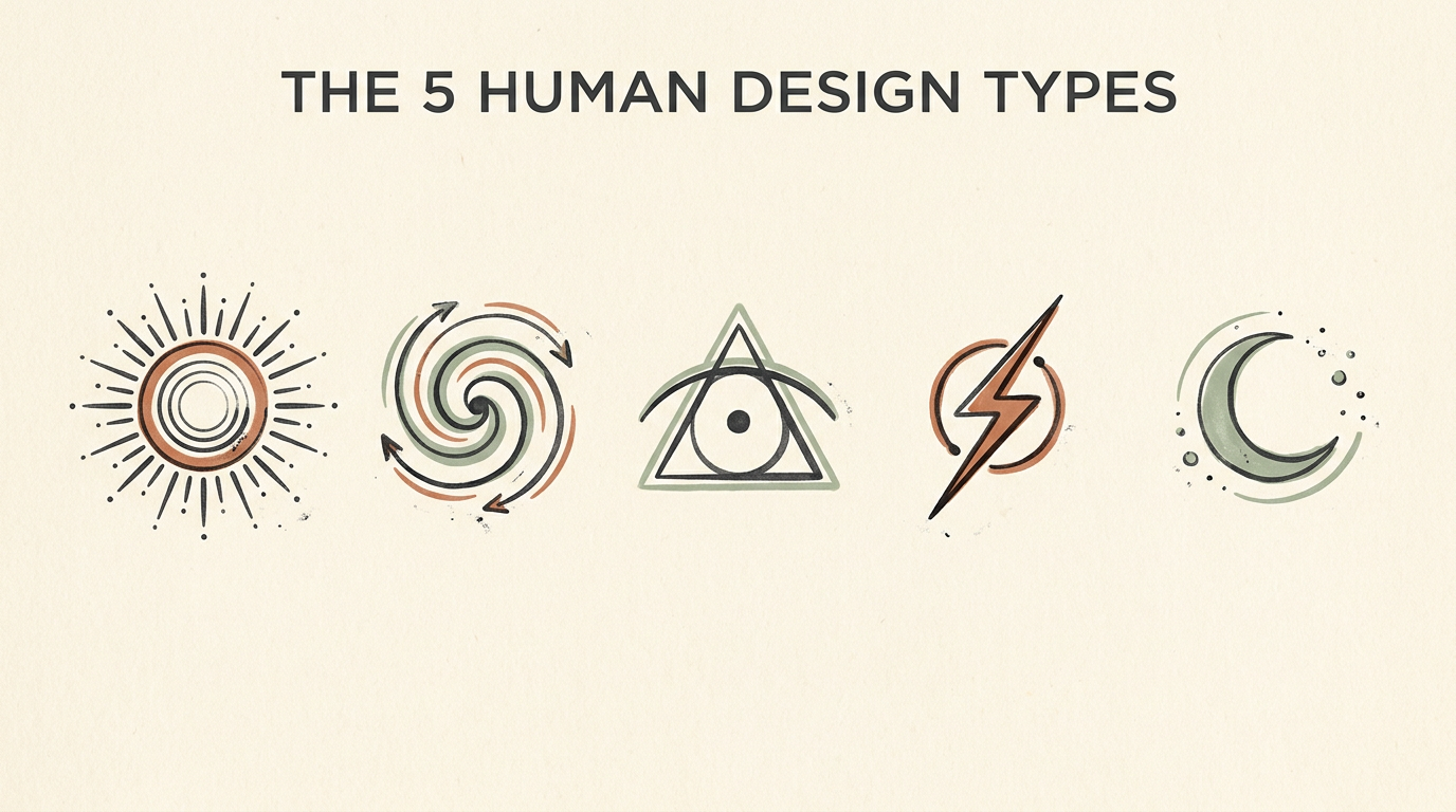 The five Human Design Types — Generator, Manifesting Generator, Projector, Manifestor, and Reflector — shown side by side as abstract geometric symbols