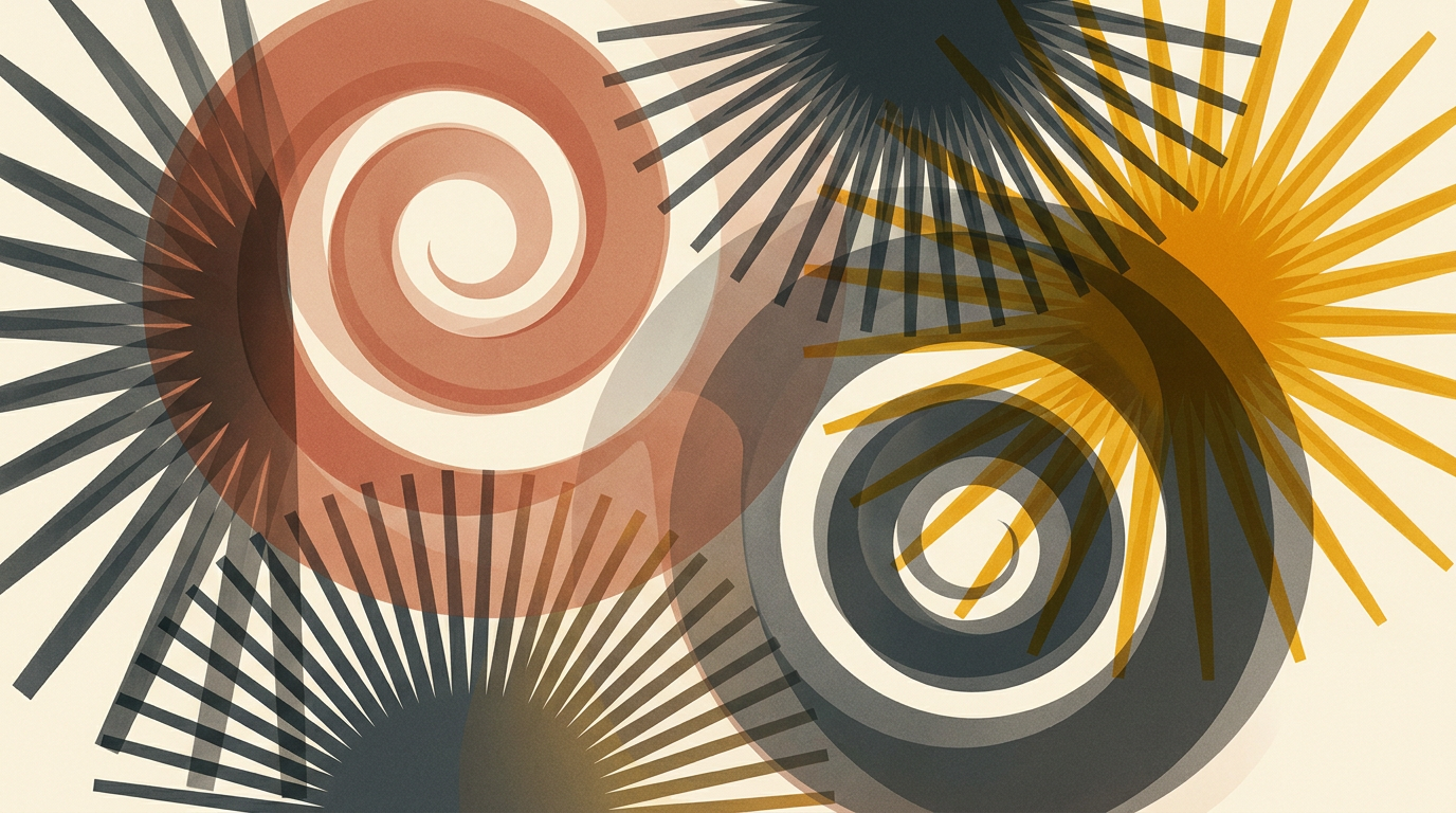 Abstract terracotta and saffron spiral merged with radiating sun rays — visual metaphor for multi-directional Manifesting Generator energy