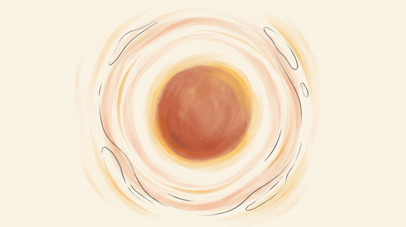 Warm radiant glowing circle with terracotta and saffron concentric energy rings — visual metaphor for the defined Sacral life-force of a Generator