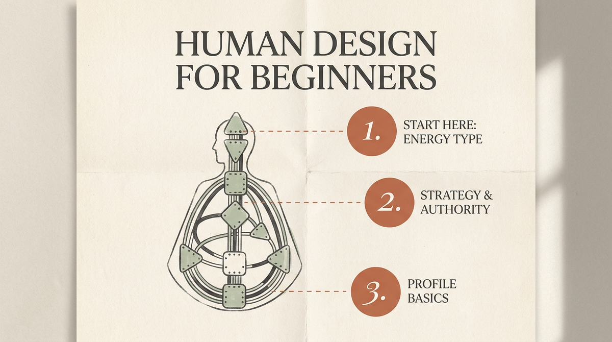 Simplified schematic Human Design bodygraph chart on warm cream paper with three numbered terracotta annotations — visual aid for HD beginners