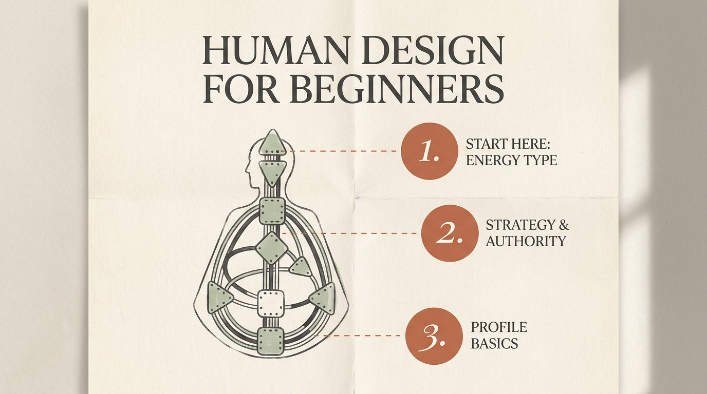 Simplified schematic Human Design bodygraph chart on warm cream paper with three numbered terracotta annotations — visual aid for HD beginners