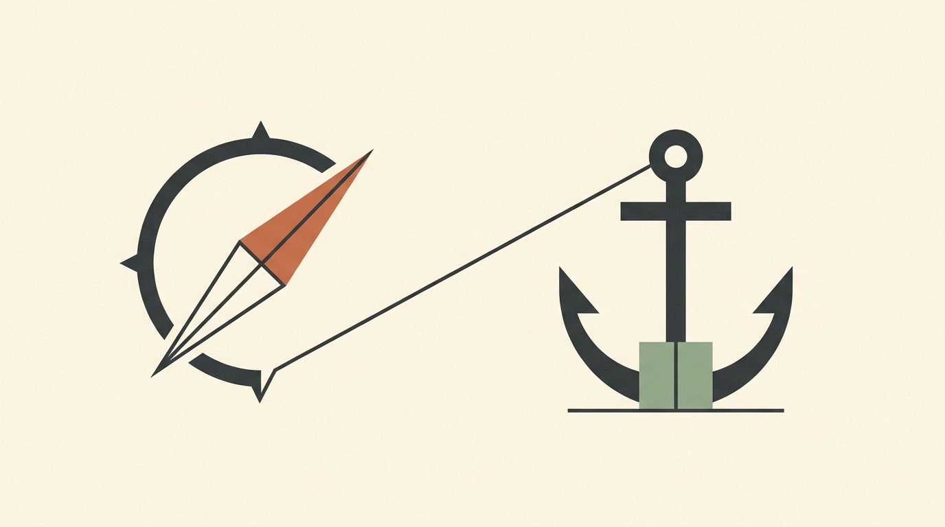 Two abstract symbols paired horizontally — a directional arrow and an anchor stone — representing Strategy and Authority as the two halves of decision-making in Human Design