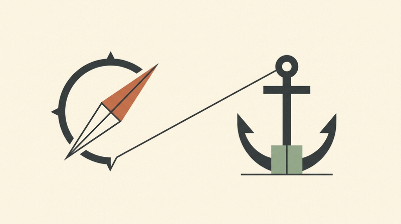 Two abstract symbols paired horizontally — a directional arrow and an anchor stone — representing Strategy and Authority as the two halves of decision-making in Human Design