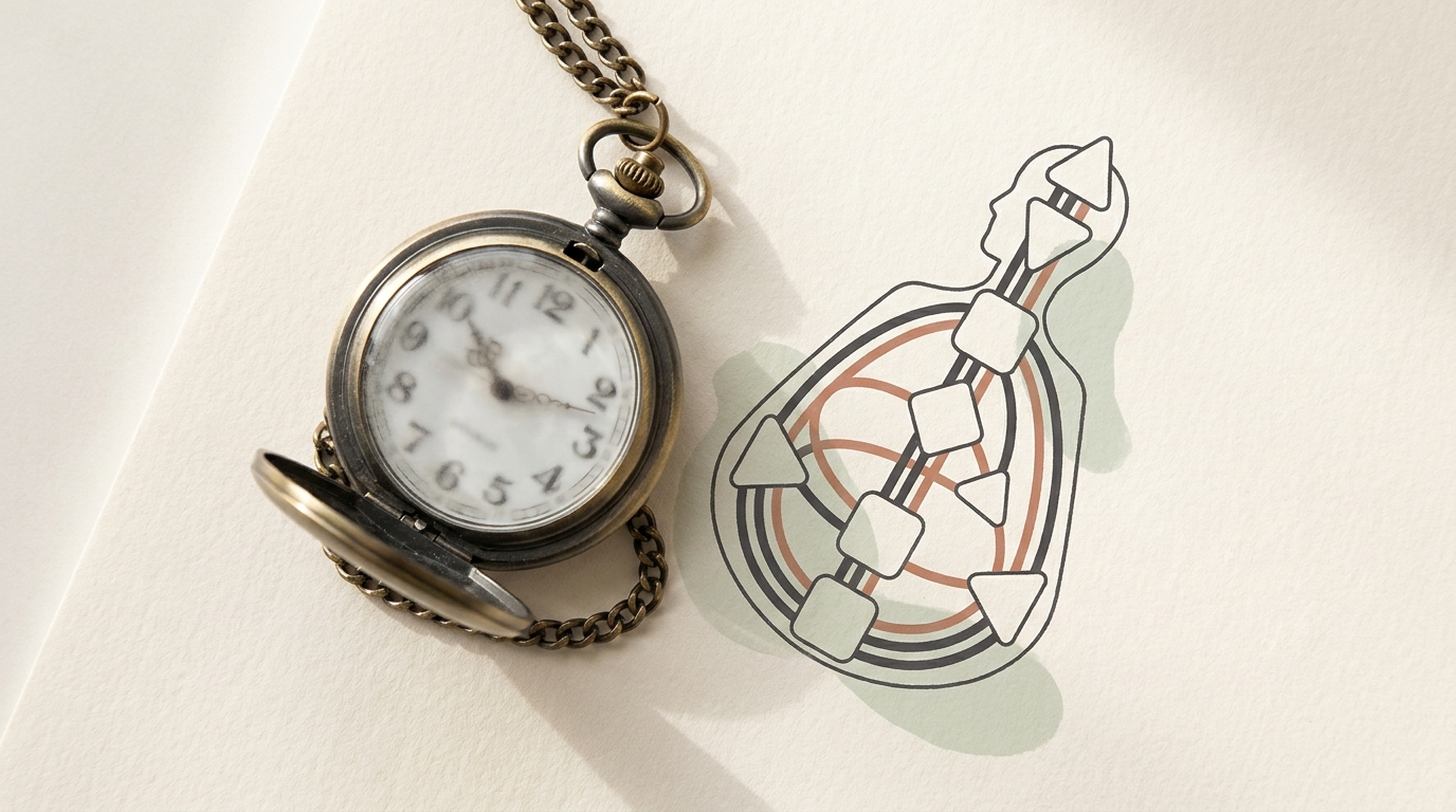 Antique pocket watch resting open beside a half-rendered Human Design bodygraph on cream paper — visual metaphor for working with an uncertain birth time