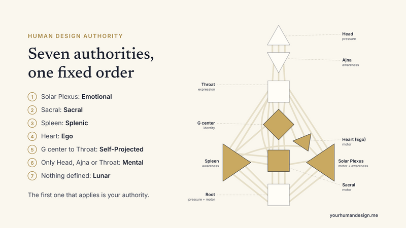 The seven Human Design authorities in their fixed order, from Solar Plexus (Emotional) to nothing defined (Lunar), beside a bodygraph with the five centers that can carry authority in gold