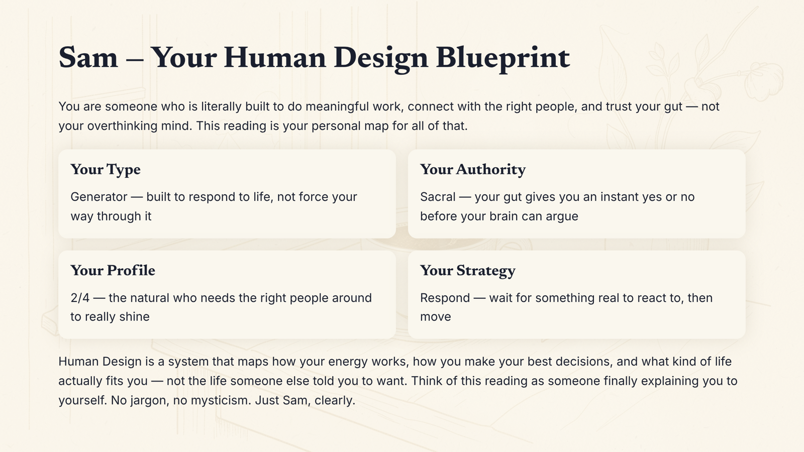 Example Human Design Blueprint — page 1 of 6